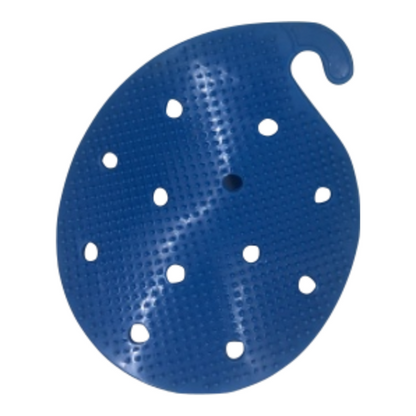 Blue perforated silicone scrub sponge for cookware, round leaf shape.