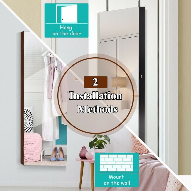 Mirrored jewelry cabinet installation graphic showing door and wall mounting