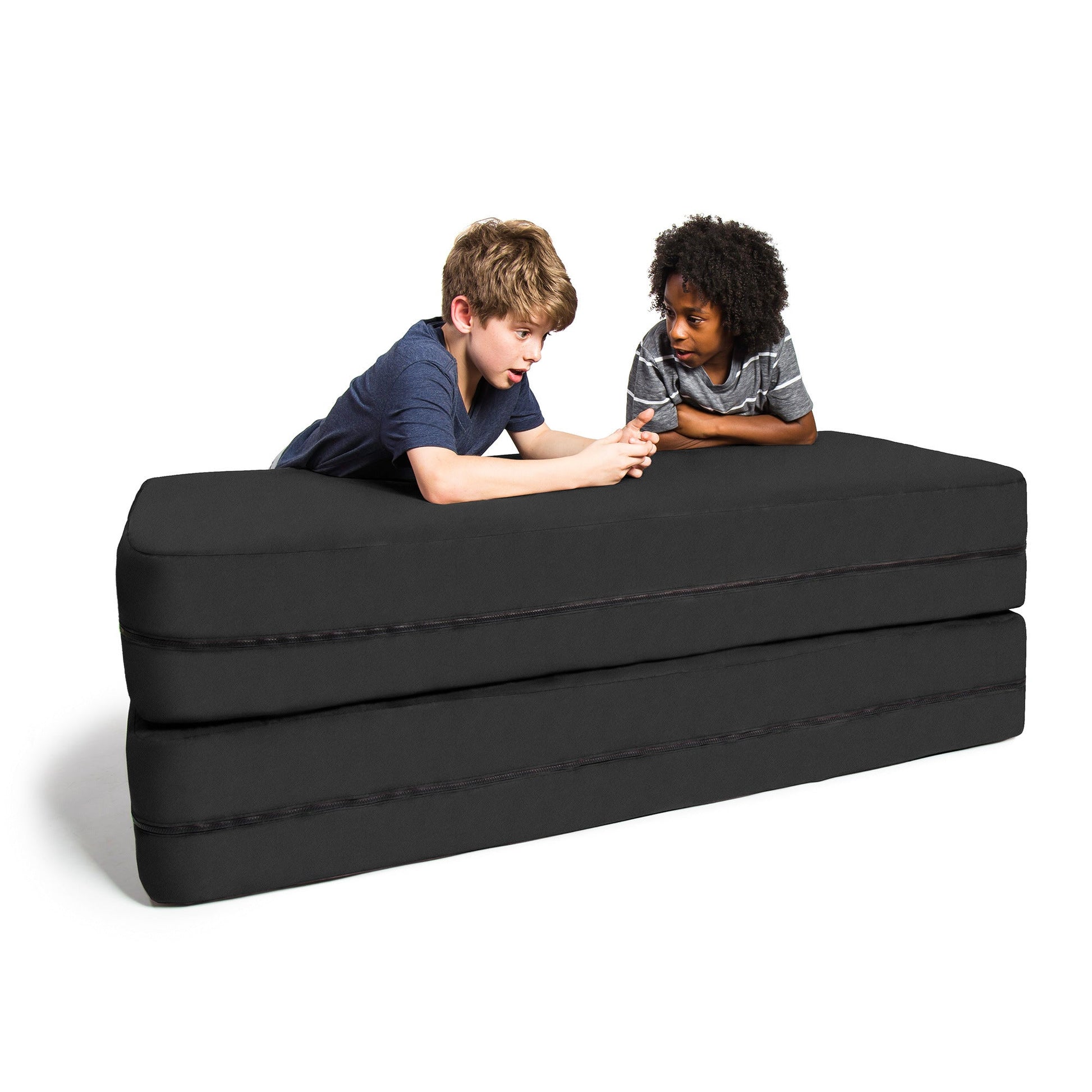 Black microsuede modular kids sofa with chaise cushion, two kids playing