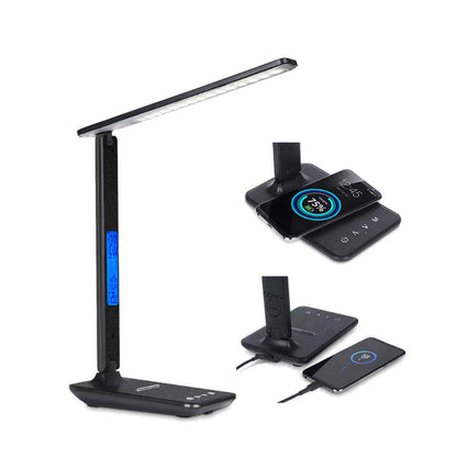 Black 3-in-1 desk lamp with charging base and two phone charging pads