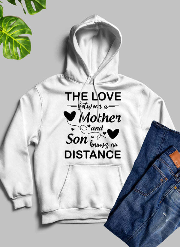 White hoodie with hood and front pocket, printed Mother and Son hearts graphic
