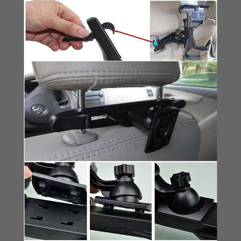 Car headrest tablet stand with adjustable clamp and arm, shown being attached in car