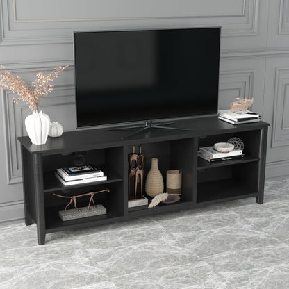 Black TV stand storage console with open shelves and center cubby under the TV.