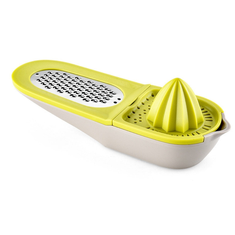 Green citrus juicer and grater tool with cone reamer and perforated grater plate