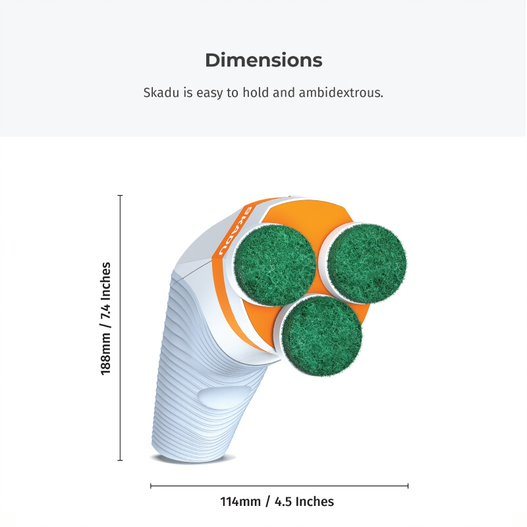 Cordless spin scrub brush with three green circular pads shown with size