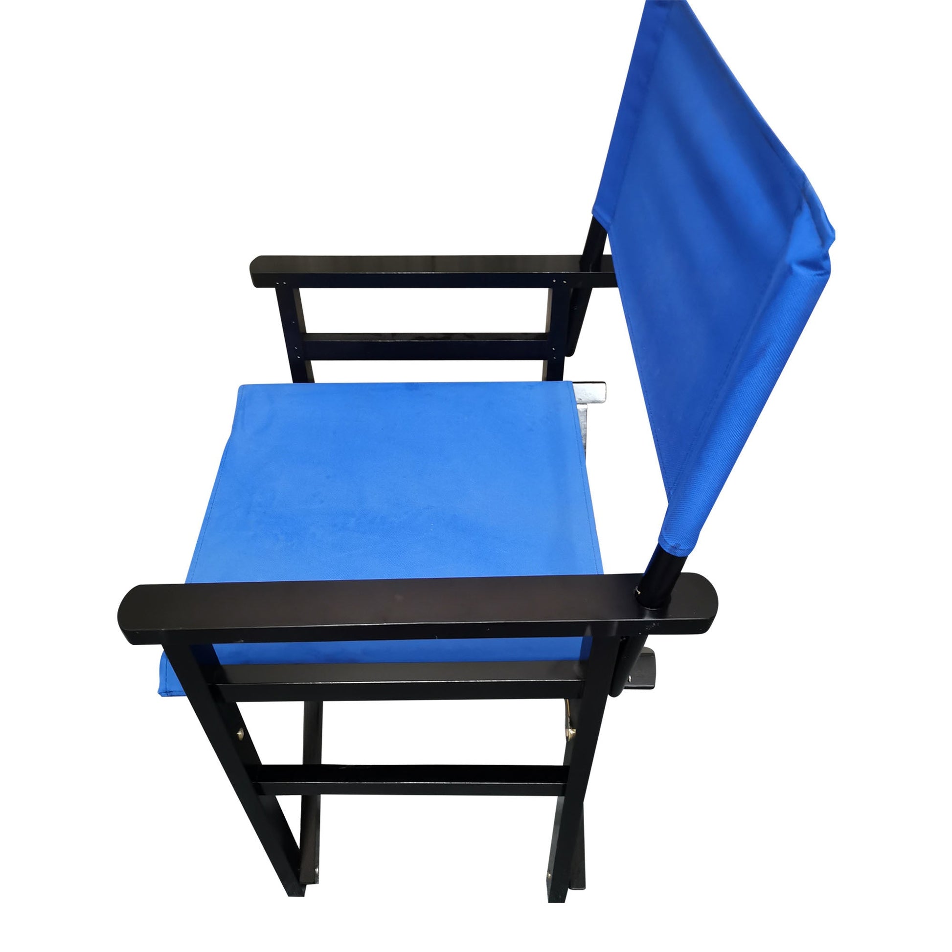 Blue canvas folding director chair with black armrests and stacked brace supports