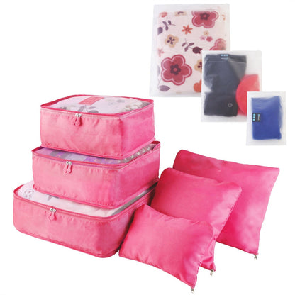 Pink travel clothing storage cubes set with zippered pouches and mesh organizer
