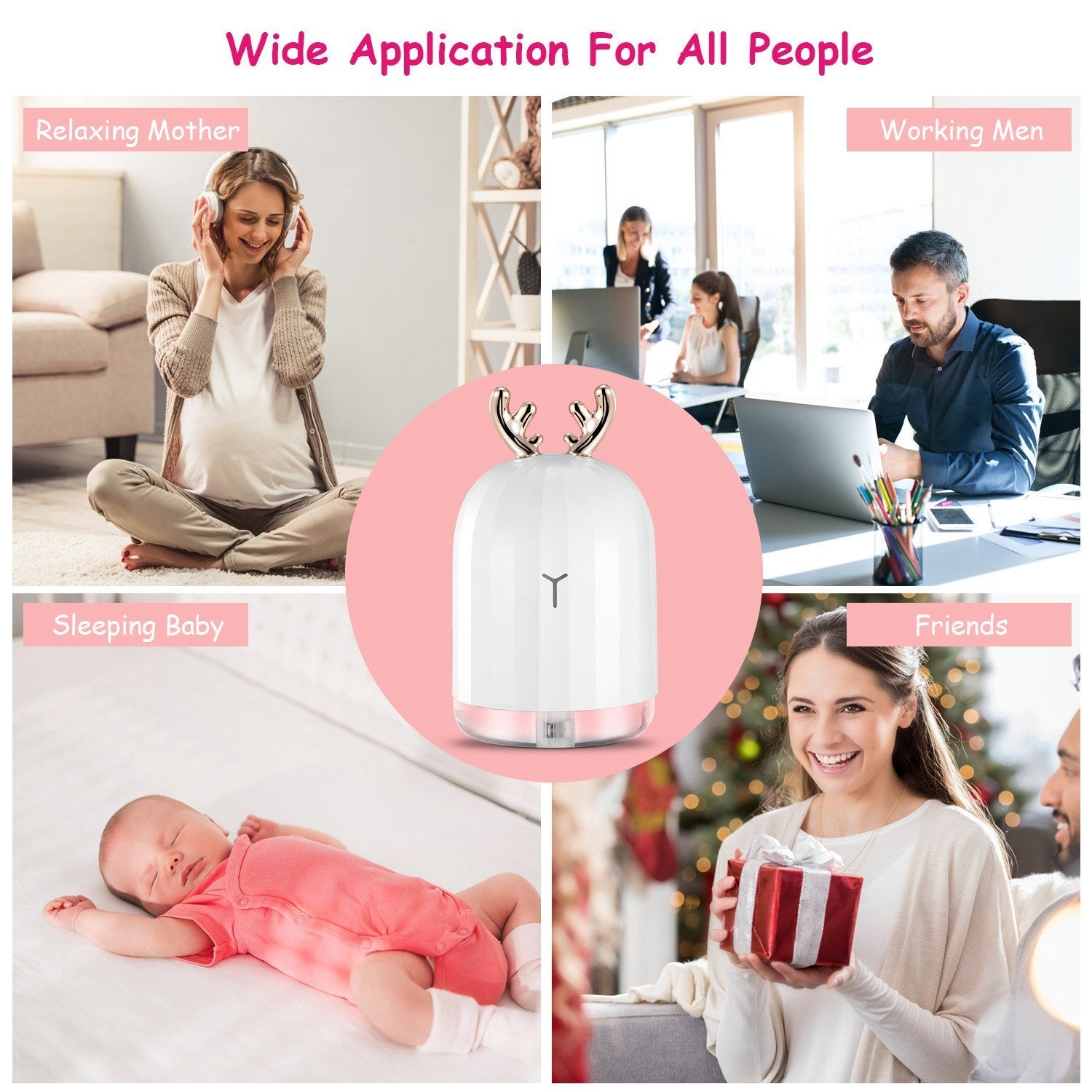 White cool mist humidifier with rose-gold antler top and pink-lit base