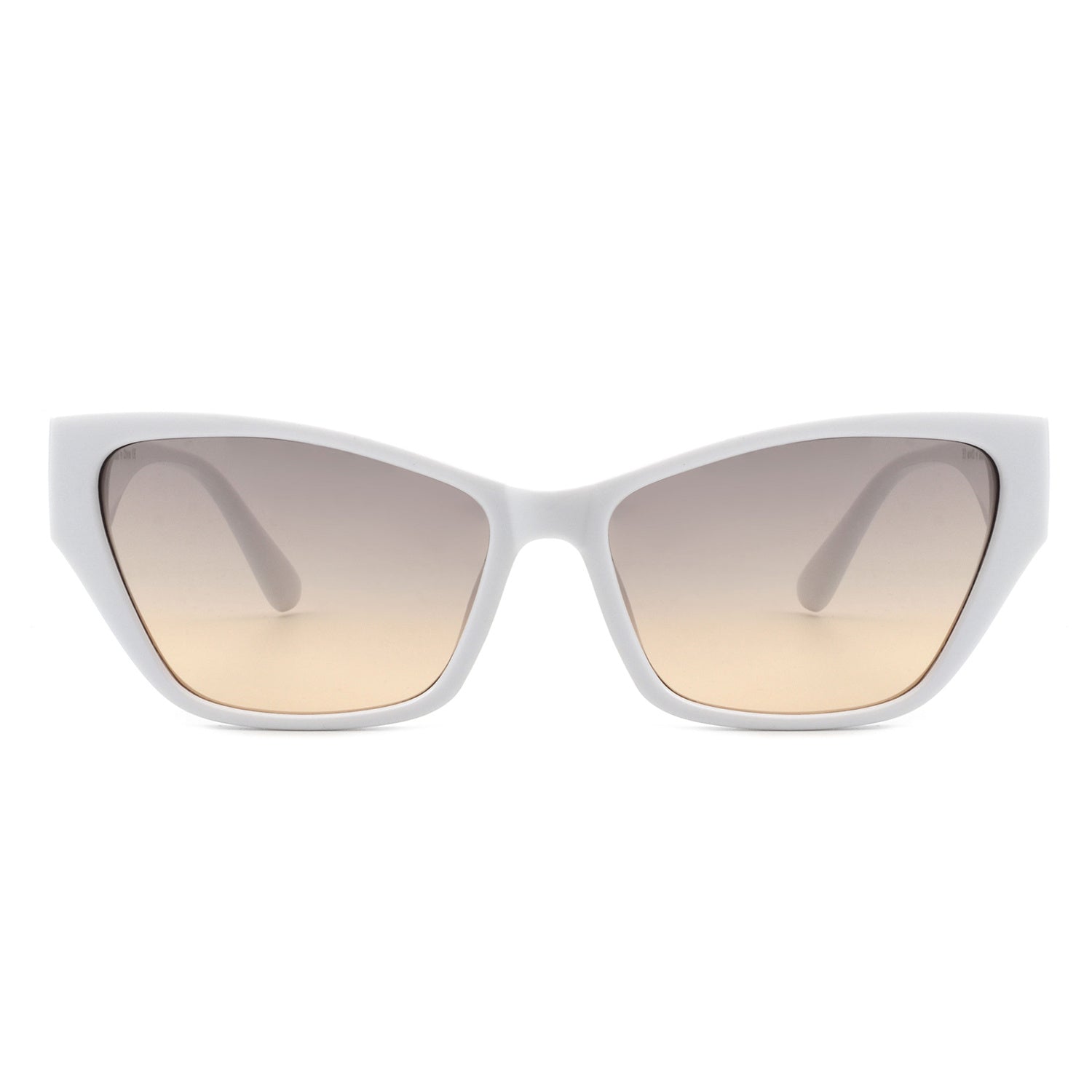 Square retro cat-eye sunglasses, white frame, beige tinted lenses, front view