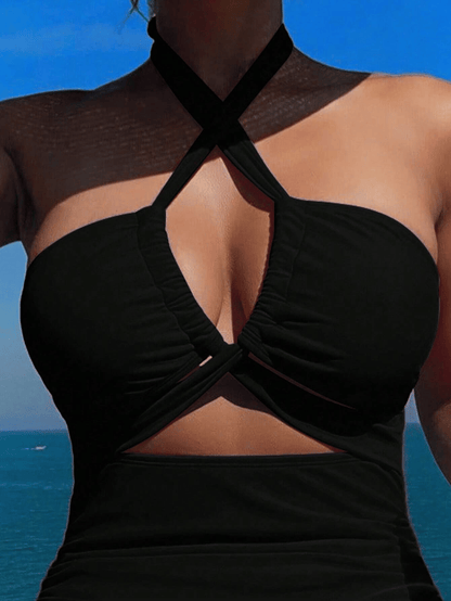 Ladies' cross pleated sexy hanging neck and exposed waist one-piece bikini swimsuit