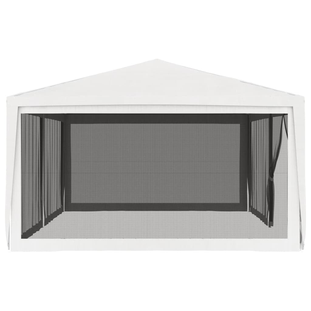 White party tent interior with gray mesh side curtains and open front area