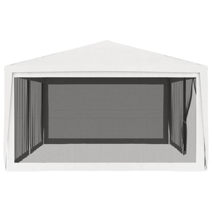 White party tent interior with gray mesh side curtains and open front area