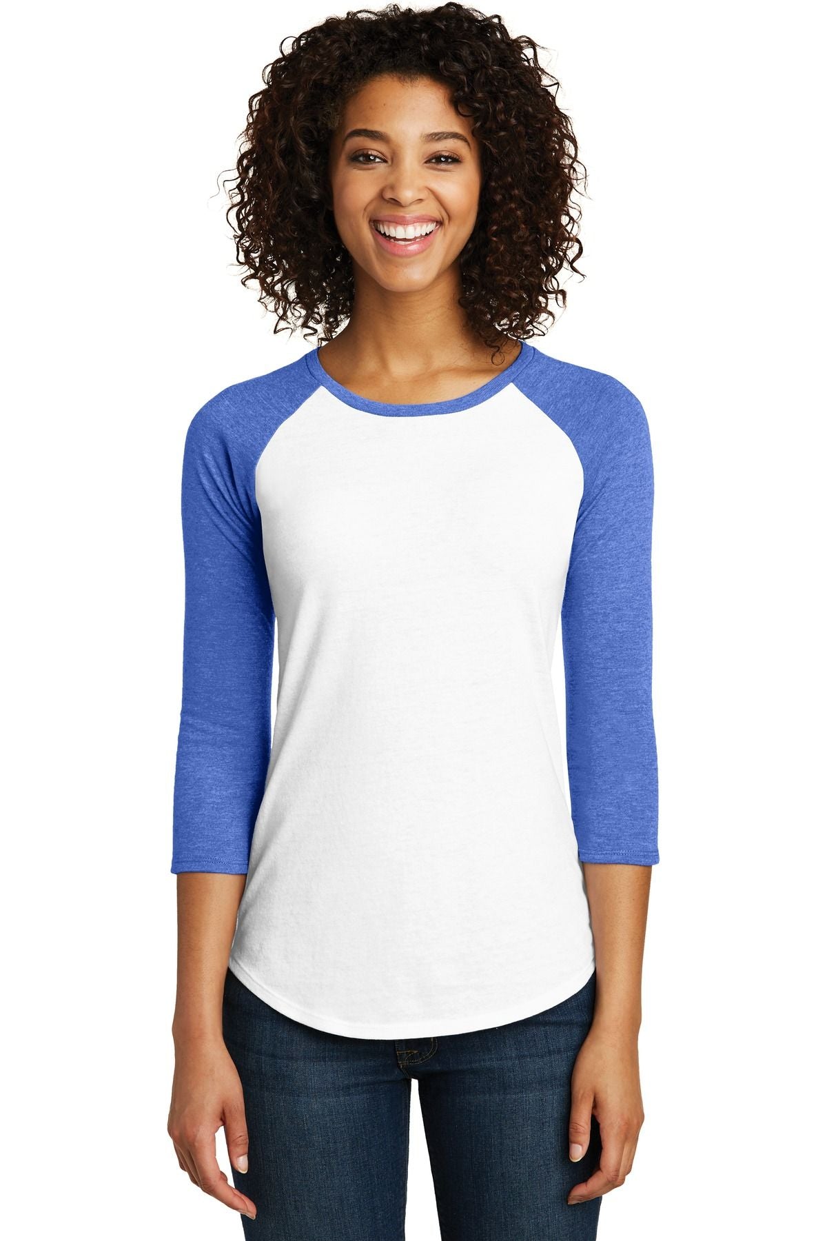 Women’s fitted raglan 3/4-sleeve tee, bright blue sleeves with white body
