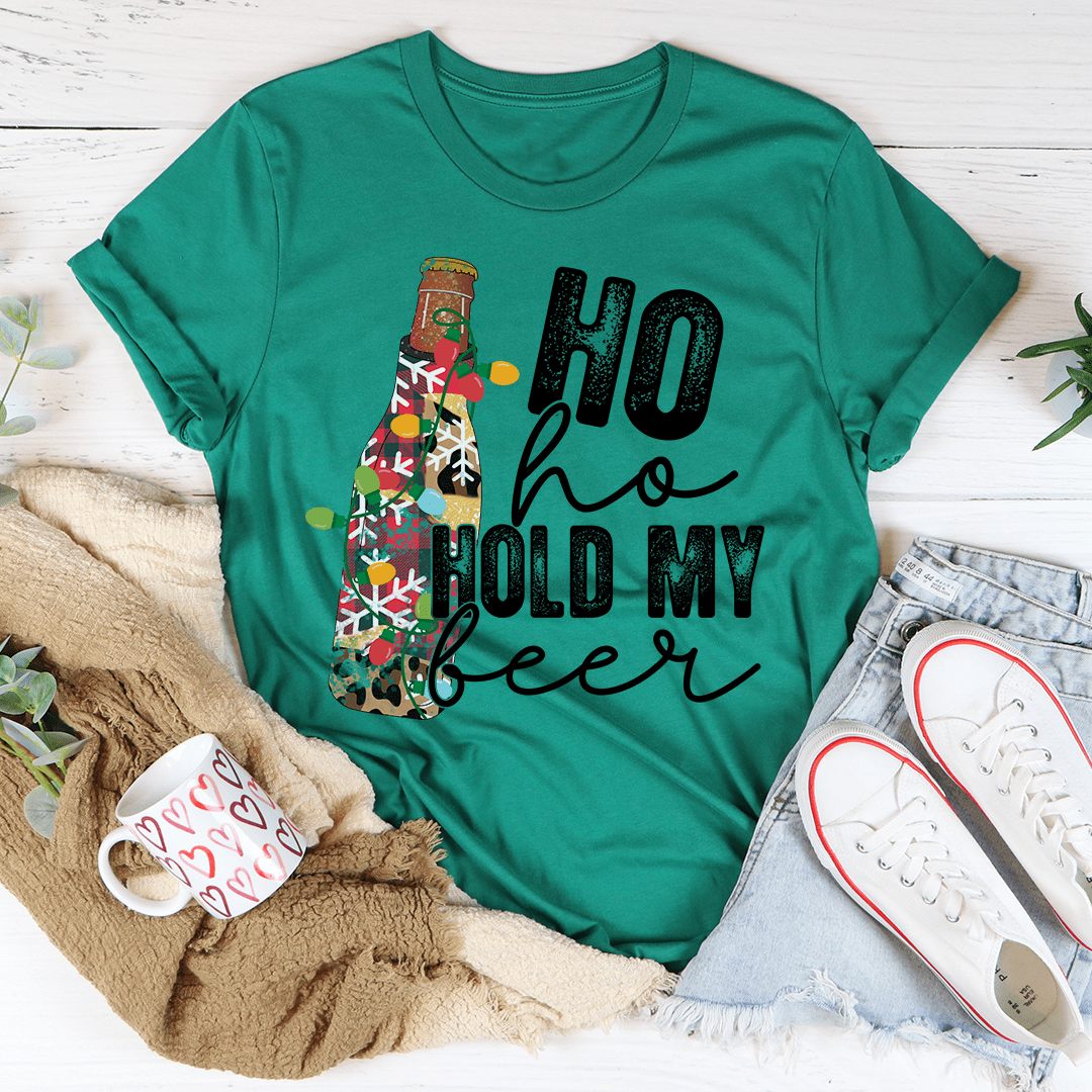 Green T-shirt with beer bottle graphic and 'Ho ho hold my beer' text