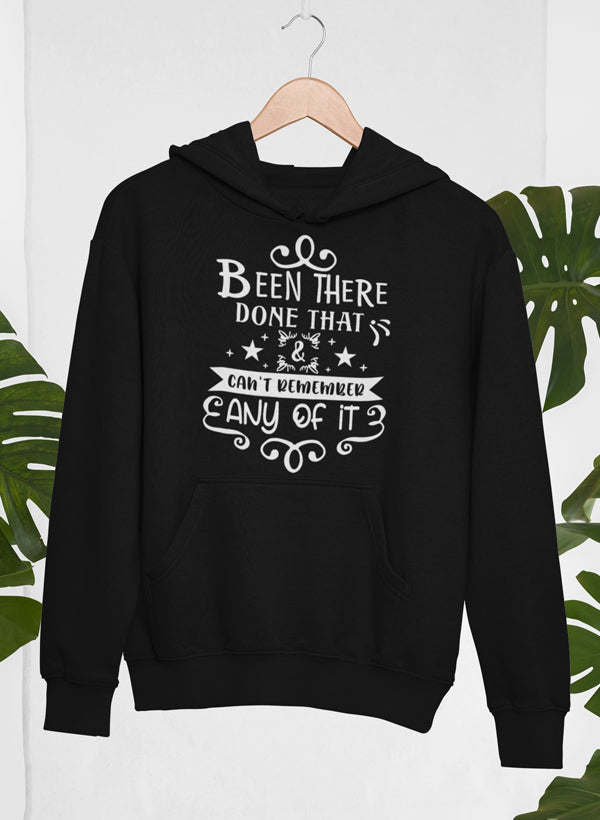 Black pullover hoodie with hood and bold front graphic lettering