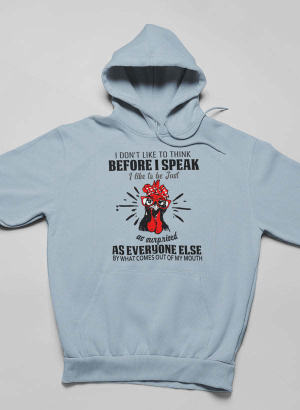 Light blue pullover hoodie with hood up and chest cartoon graphic text.