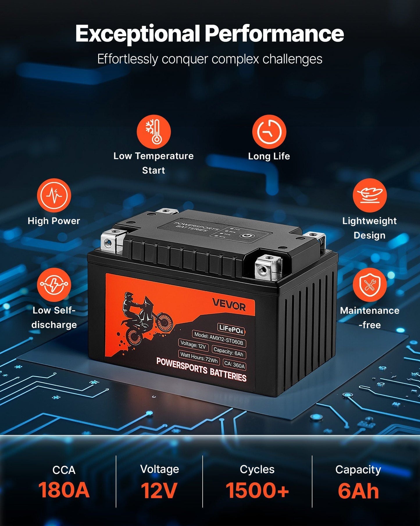 Black 12V LiFePO4 powersports battery with orange-red side label and top posts