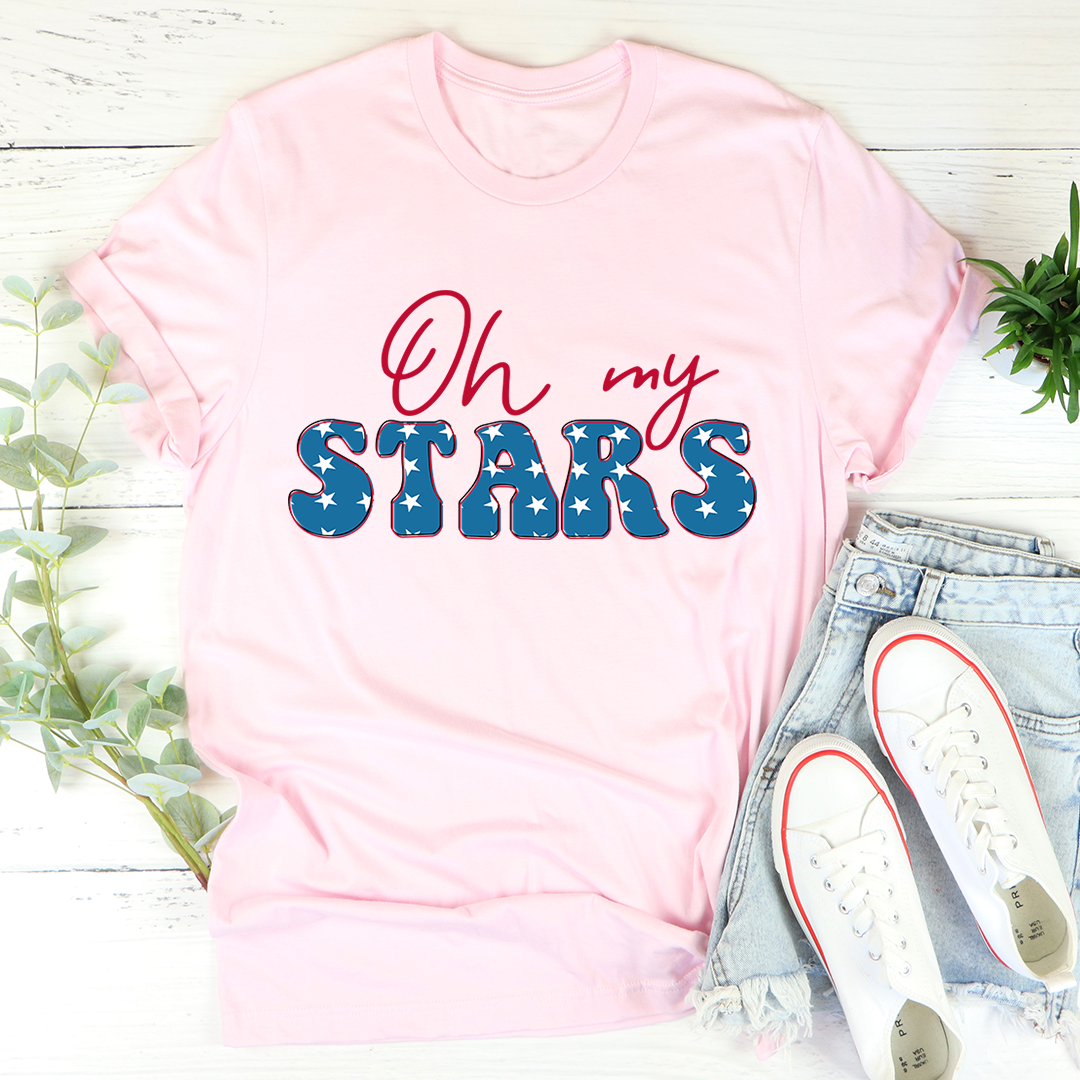 Pink short-sleeve crewneck T-shirt with 'Oh my STARS' graphic on front.