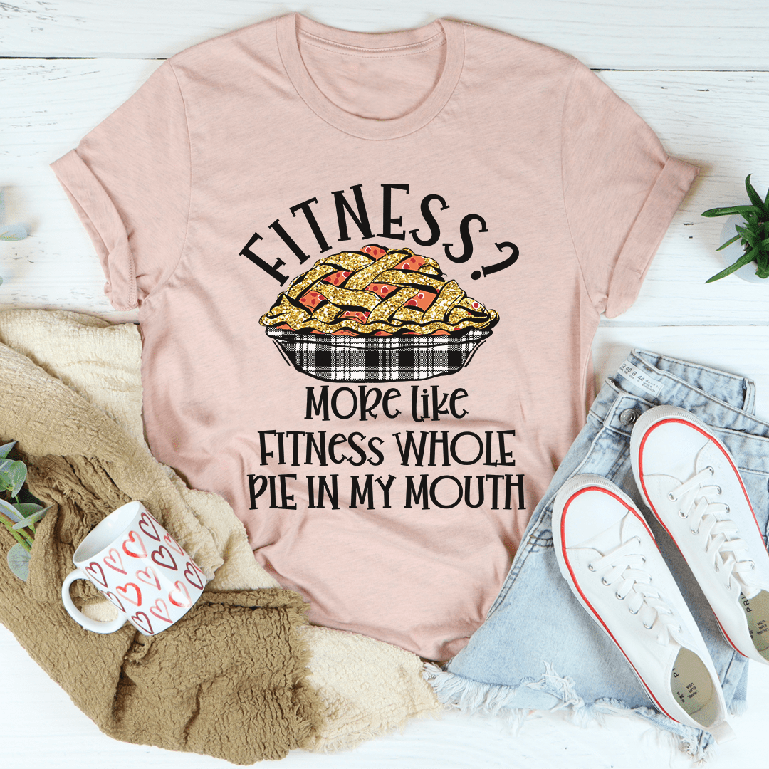 Mauve crewneck t-shirt with centered pie-in-bowl print and slogan