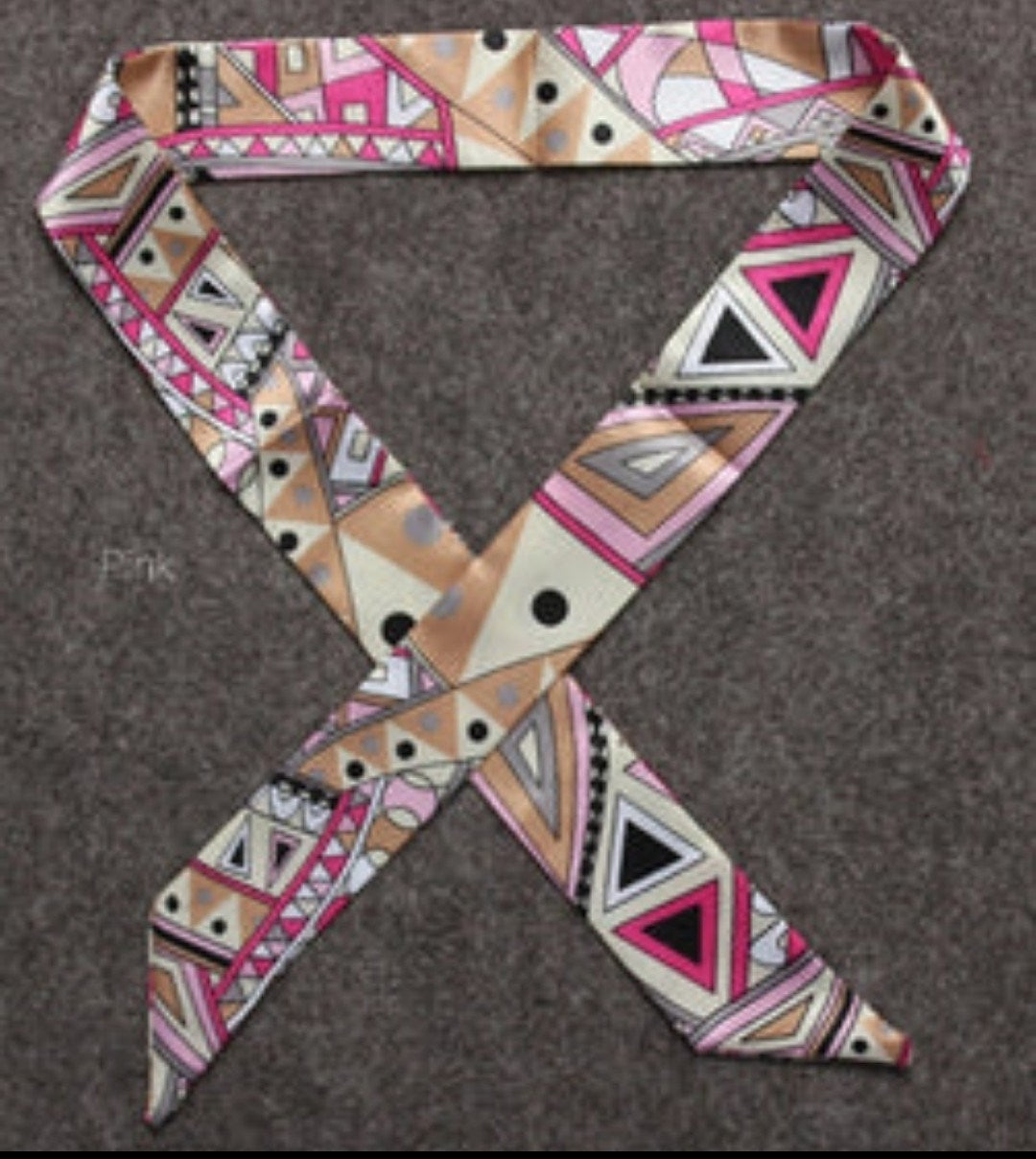 Handbag scarf/neck tie in pink and cream with geometric border print, long tie