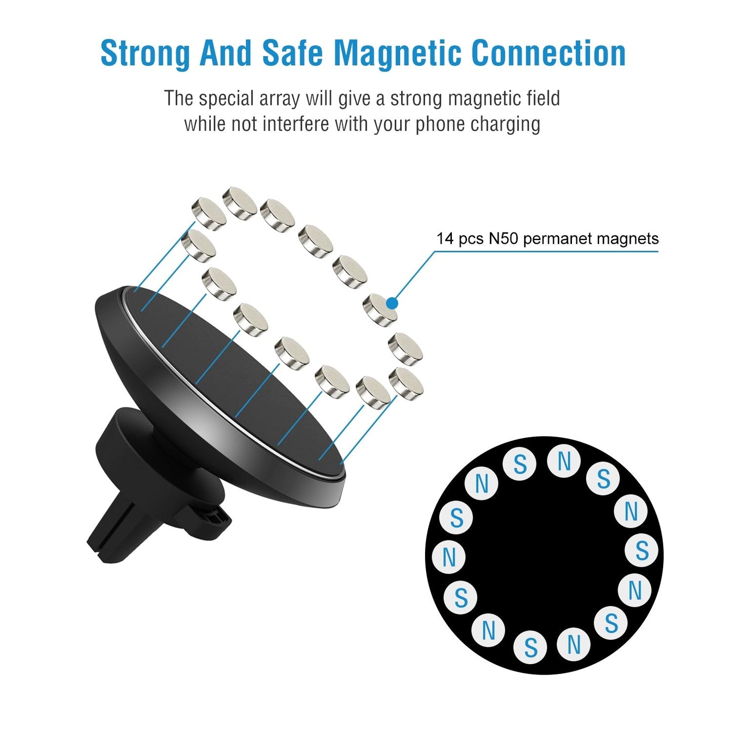 Black magnetic wireless car charger pad with visible magnet pattern diagram