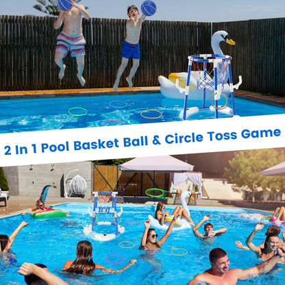 Summer Pool Basketball Hoop Toy Set With 4 Basketballs 4 Circles Pump Floating Swimming Pool Basketball Games Poolside Water Play Toy For 3-12Years Old Kids Adults