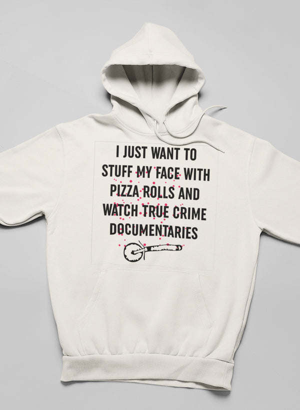 White pullover hoodie with front text graphic and small logo, hooded