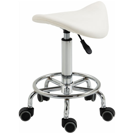Saddle Stool PU Leather Adjustable Rolling Salon Chair White for Massage Spa Clinic Beauty Tattoo