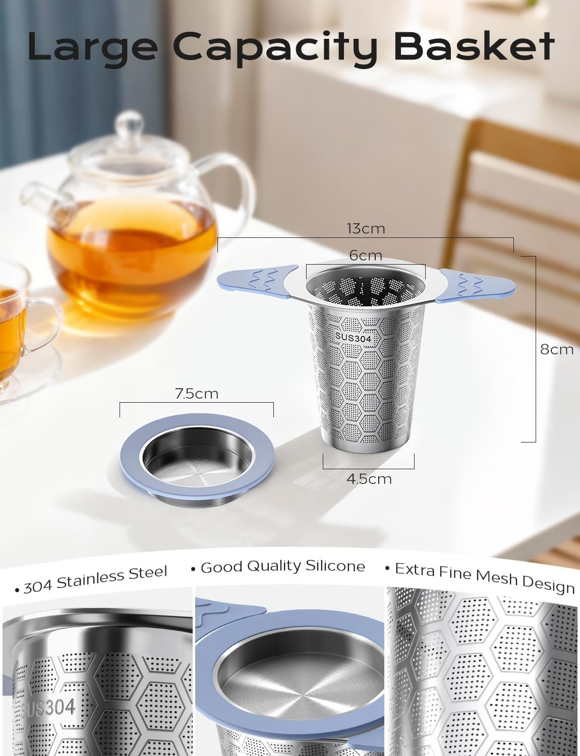 Tea Infuser for Loose Leaf Tea,Stainless Steel Tea Infuser with Heat Proof Silicone Handles,Extra Fine Mesh Tea Strainers Filter Fine Tea Leaves Effectively,Fits TeaPots/Mugs
