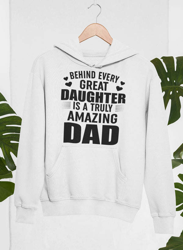 White pullover hoodie with front hood and large Dad graphic print