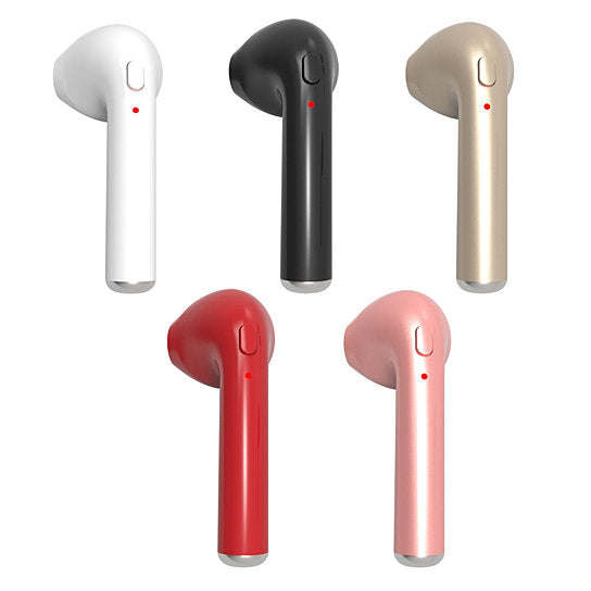 Wireless earbuds in white, black, gold, red, and pink on a light background