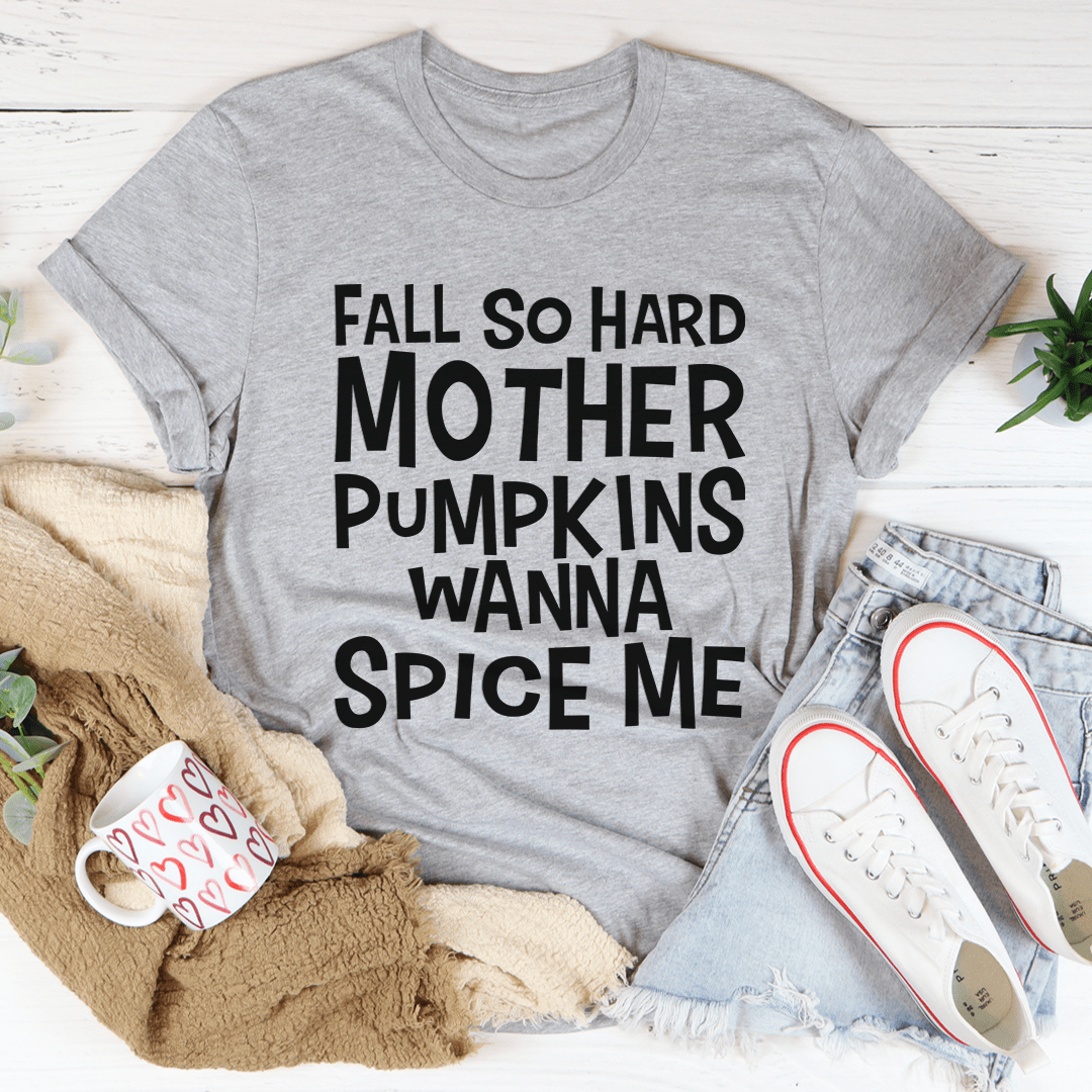 Heather gray unisex T-shirt with bold 'Fall So Hard' pumpkin quote graphic