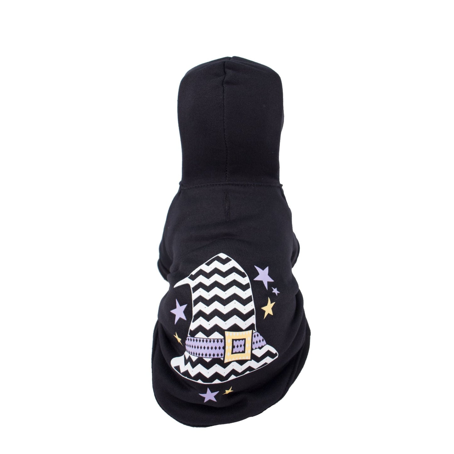Dark hooded pet sweater costume with central zigzag hat graphic and star patches on back