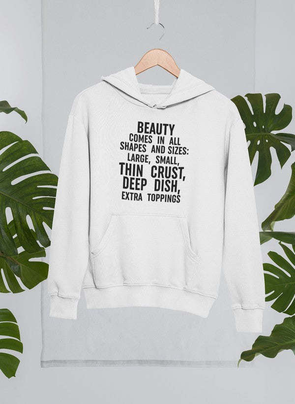 White pullover hoodie with hood and front pocket, chest graphic text