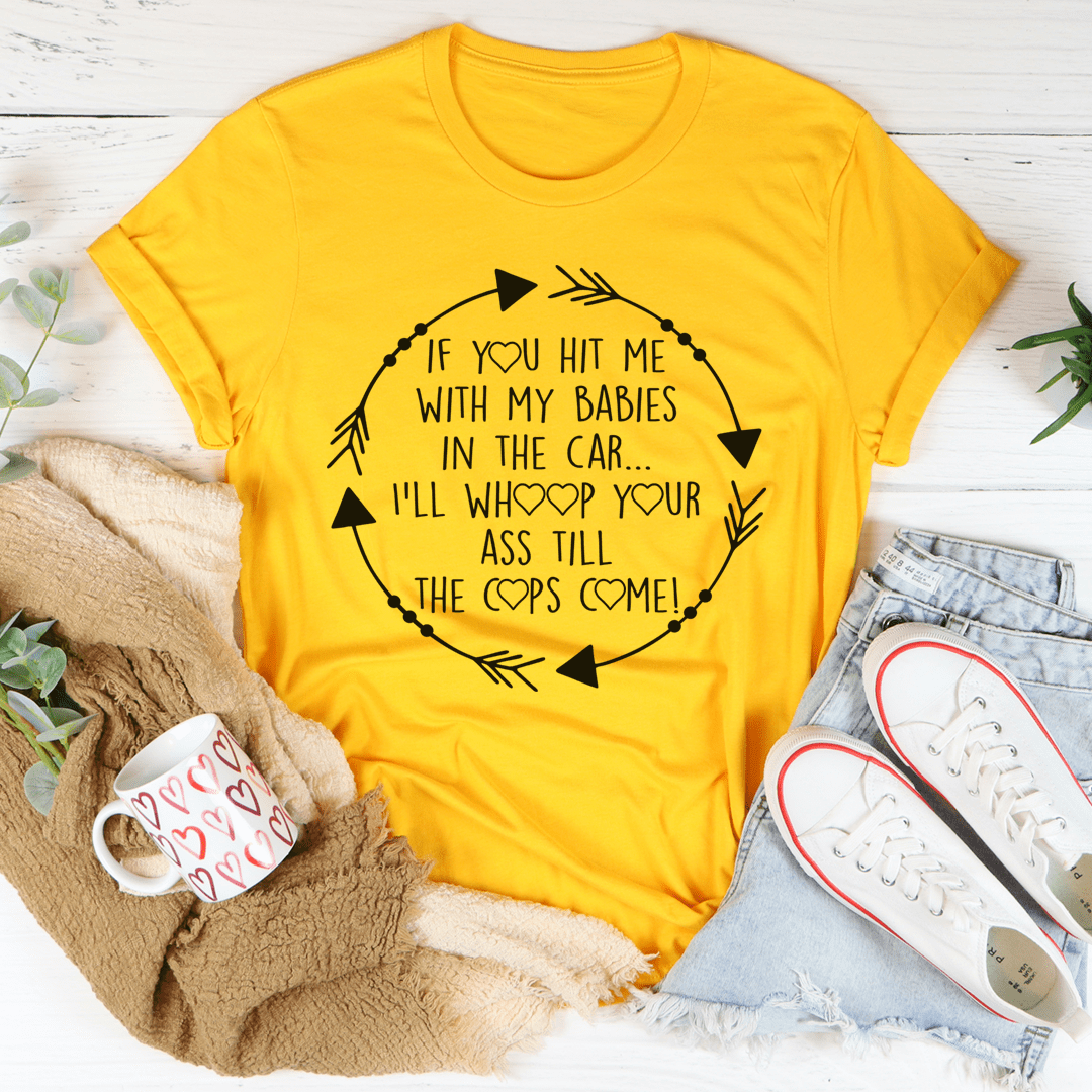 Yellow crew-neck T-shirt with black circular arrow text graphic