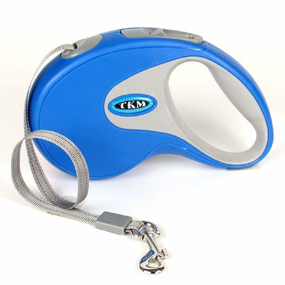 Retractable pet leash with blue housing, gray handle, and mesh nylon ribbon