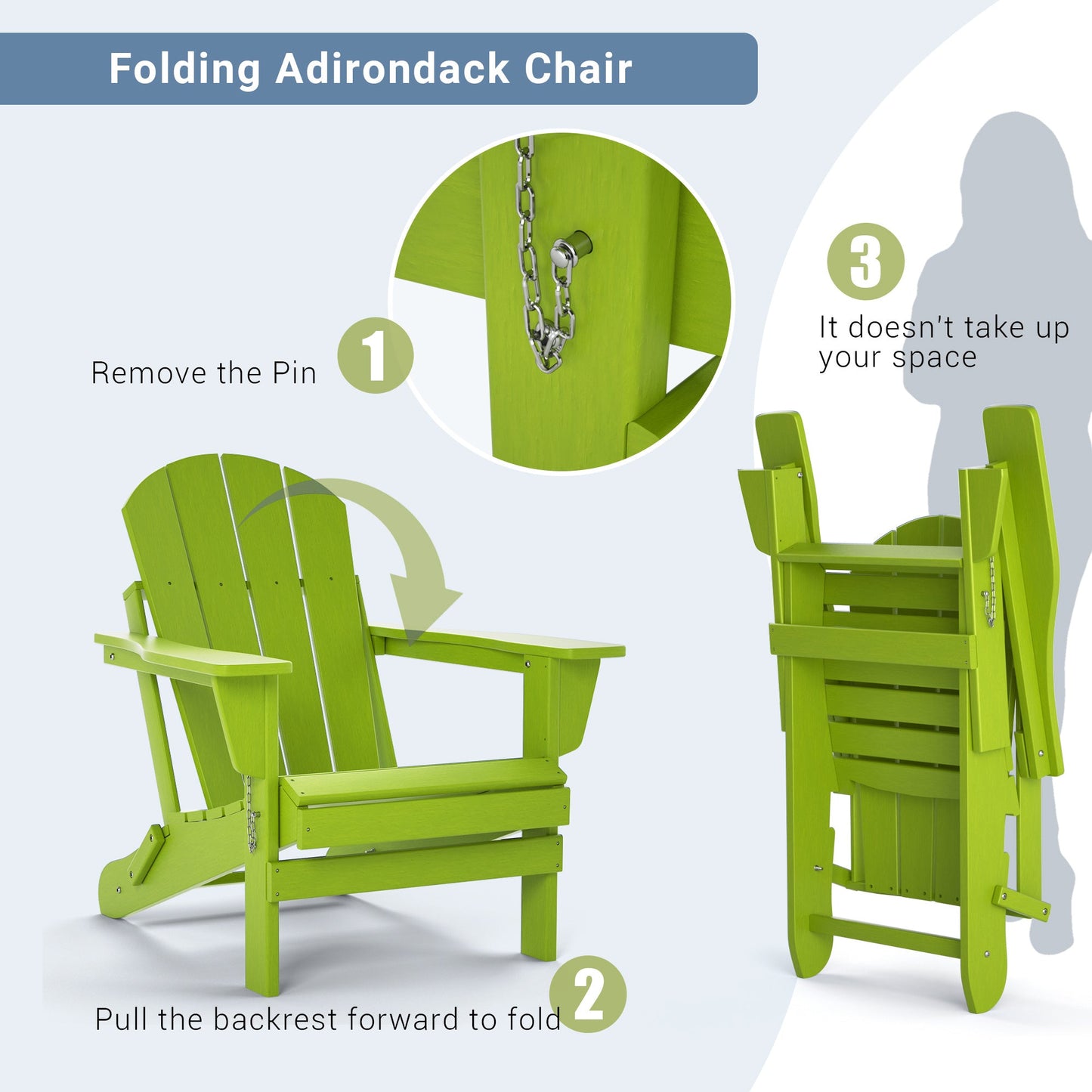 Lime green folding adirondack patio chair with metal pins for backrest folding