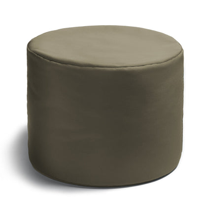 Taupe round outdoor ottoman with padded top and cylindrical upholstered sides