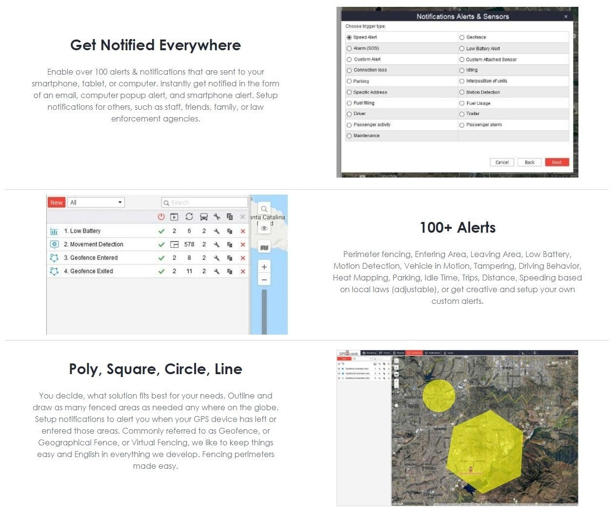 GPS tracking SIM app screen with notifications and 100+ alerts panel