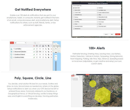 GPS tracking SIM app screen with notifications and 100+ alerts panel