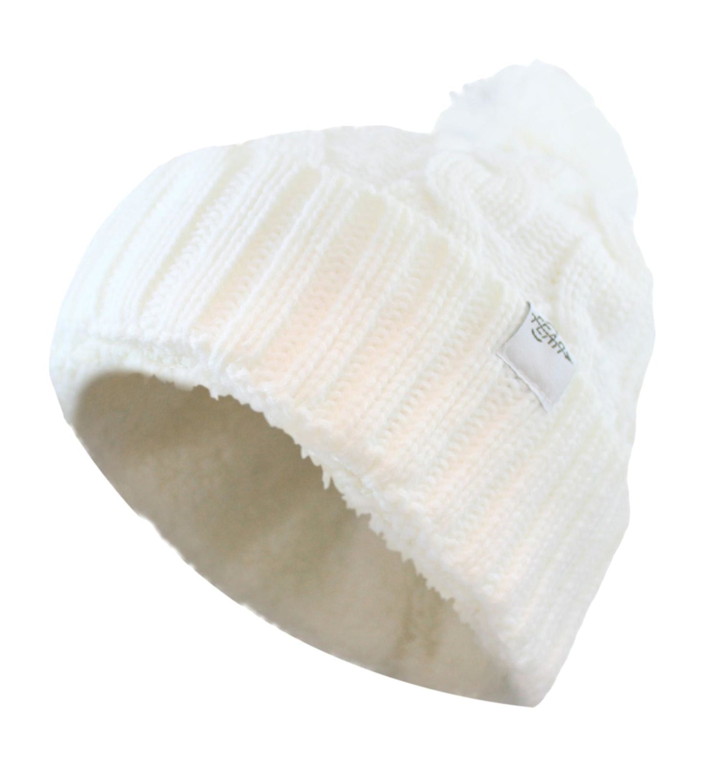 Women’s knit beanie with folded brim and plush inner lining, white cable knit texture