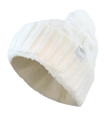 Women’s knit beanie with folded brim and plush inner lining, white cable knit texture