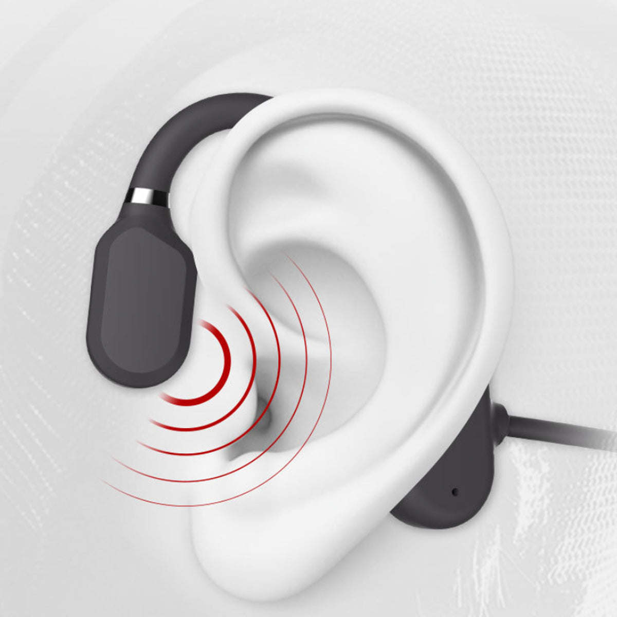 Open-ear wireless headphones with dark earhook and small mic, open sound-channel vents