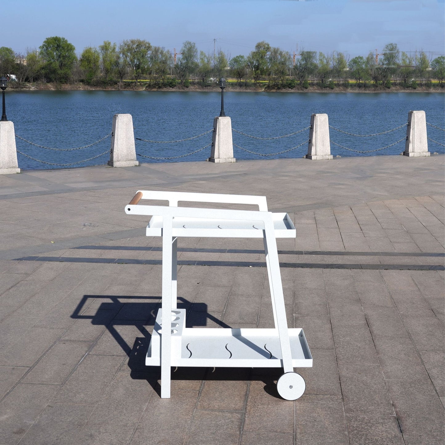 Aluminum White Indoor/Outdoor Patio Serving Dual-layer Cart with Teak Handle