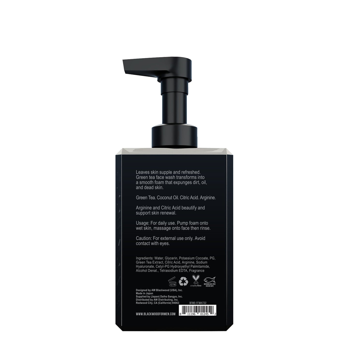 Blackwood for Men foaming face wash bottle with pump, back label text panel