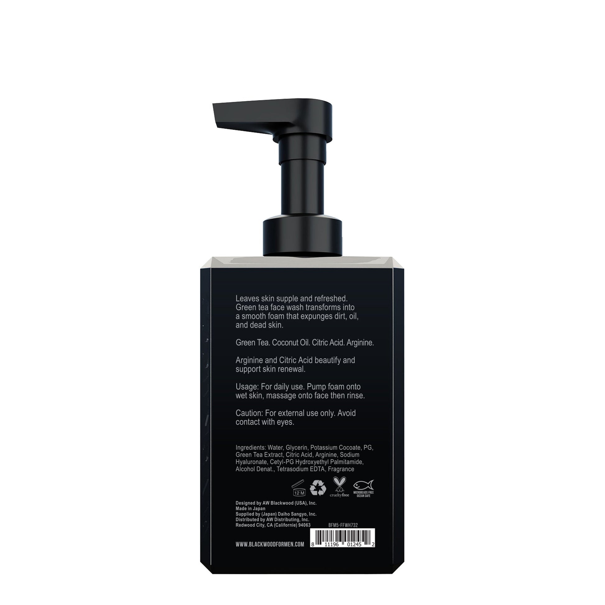Blackwood for Men foaming face wash bottle with pump, back label text panel