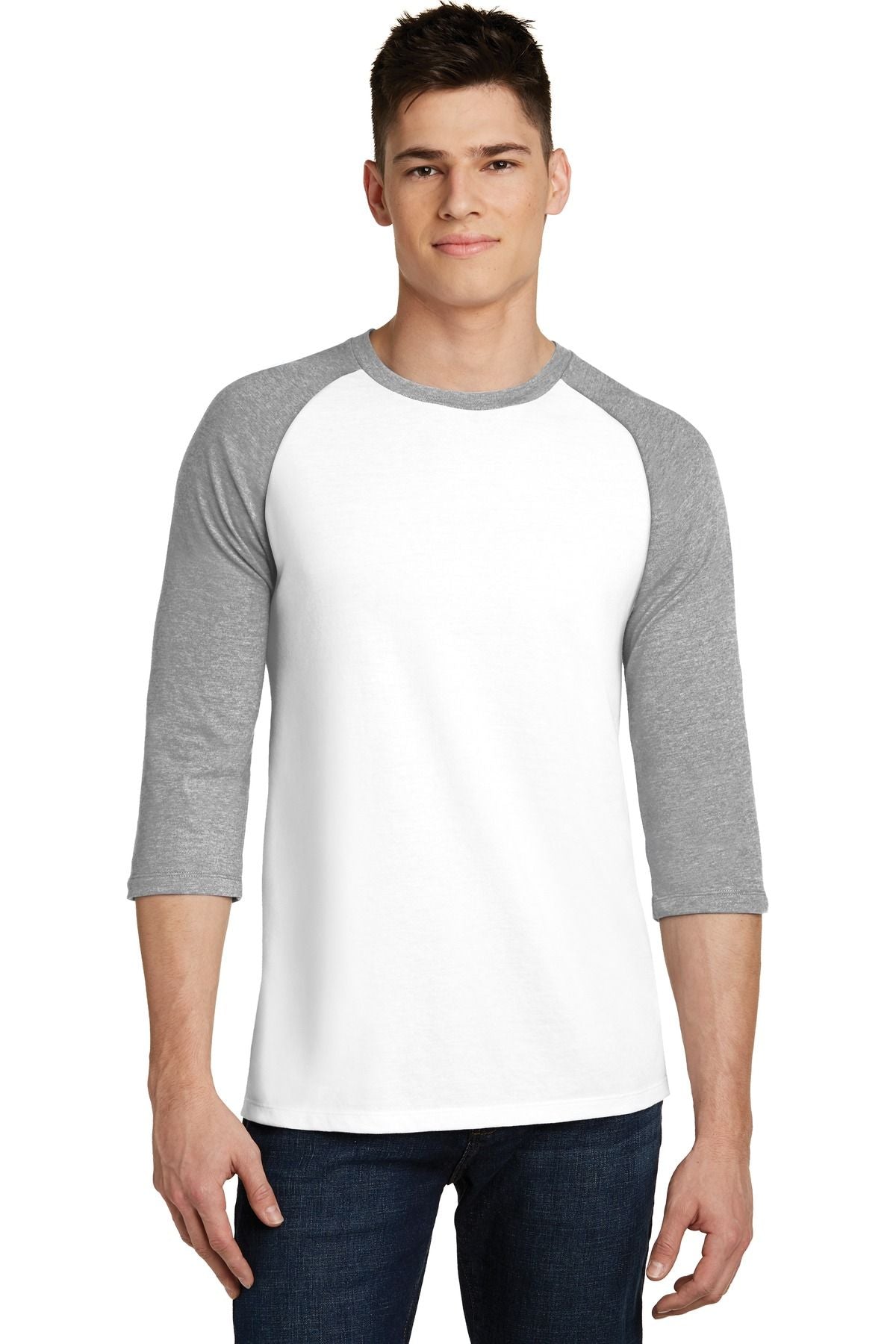 3/4-sleeve raglan T-shirt, white body with light heather grey sleeves and crew neck trim