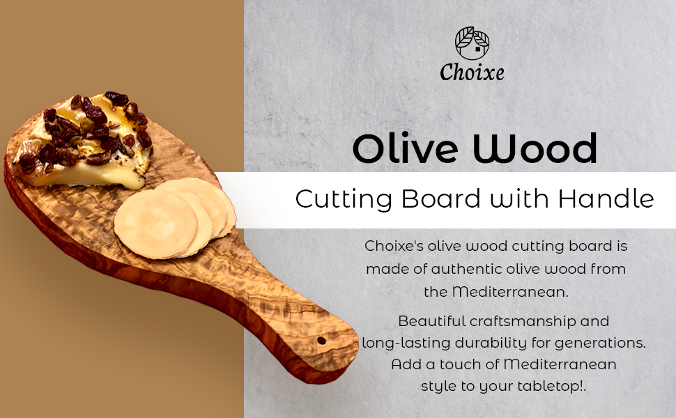 Olive-wood cutting board with handle topped with bread and cheese slices