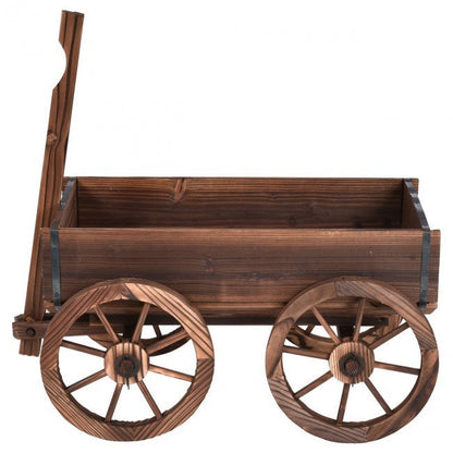 Wood wagon planter pot stand with wheels, front view with two large spoked wheels