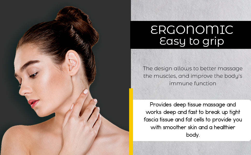 Rolling body massager used for neck massage on a person’s shoulder and jaw